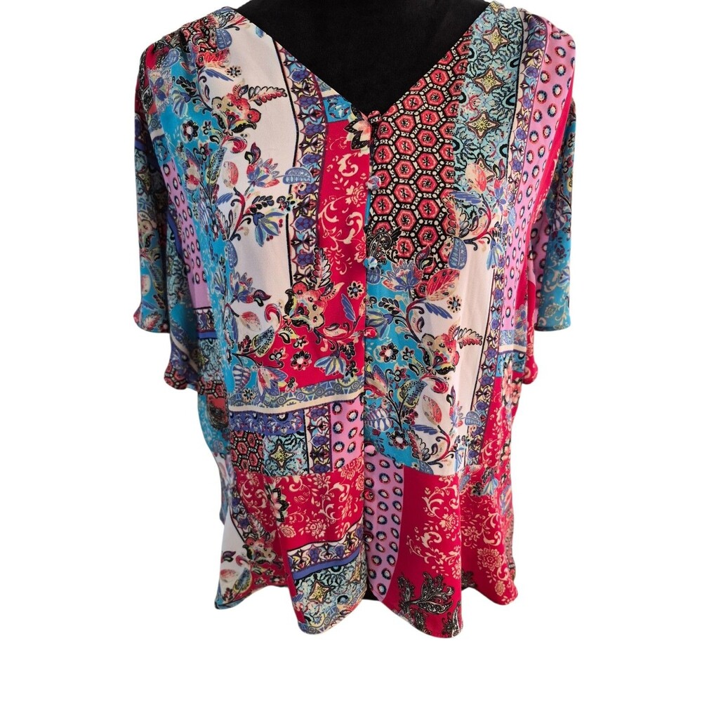 Chicos Patchwork Floral Paisley Peplum Flutter Sleeve Button Up Blouse 3 16/18